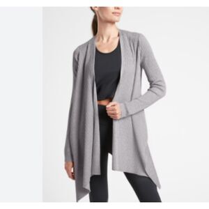 ATHLETA SOLTISE SIZE XL WRAP CARDIGAN SWEATER HEATHER GREY MERINO WOOL BLEND